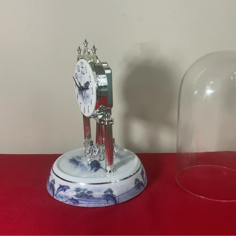 Waltham Dolphin Anniversary Clock Under Glass Dome Spinning Pendulum Working